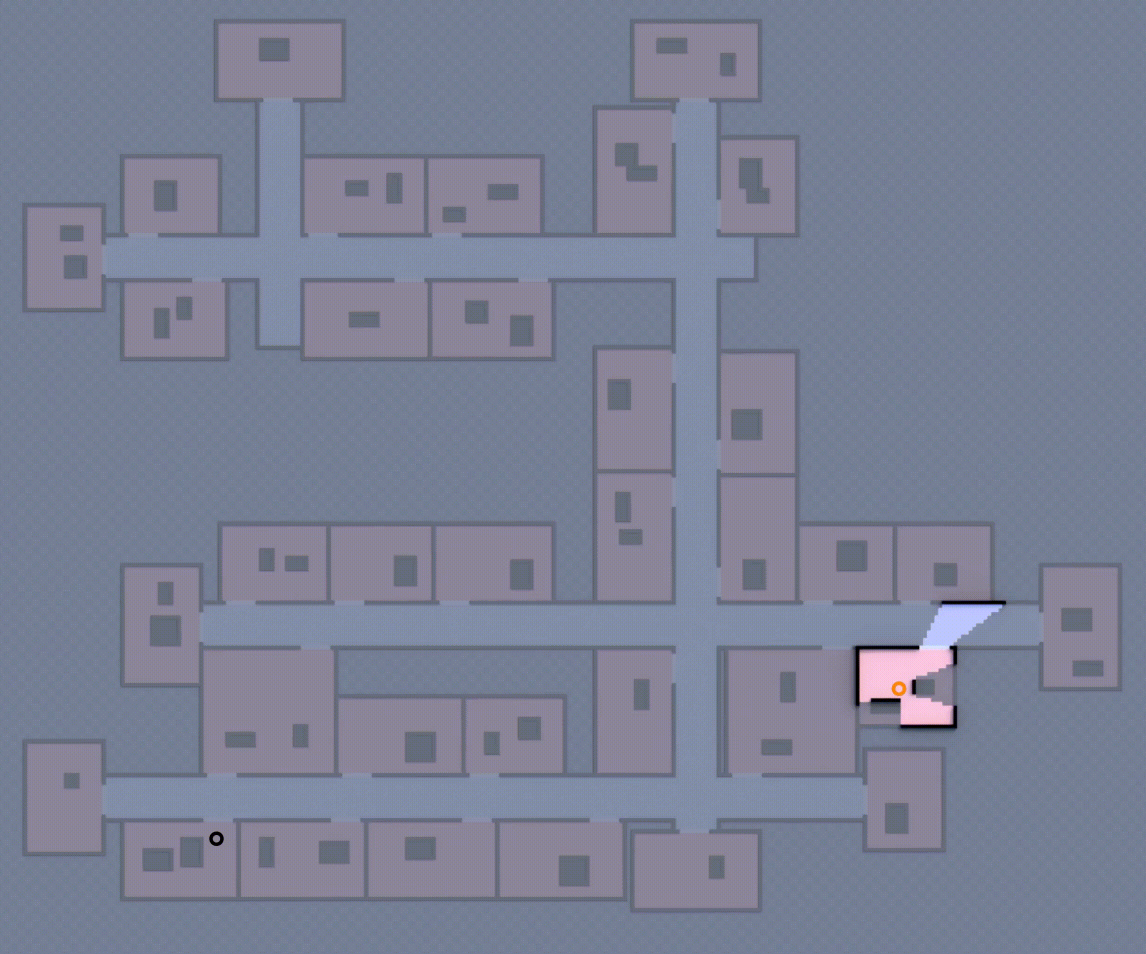 Fig 2. Using our planning framework, the robots effectively divide efforts betwee the team to find the unseen point goal.