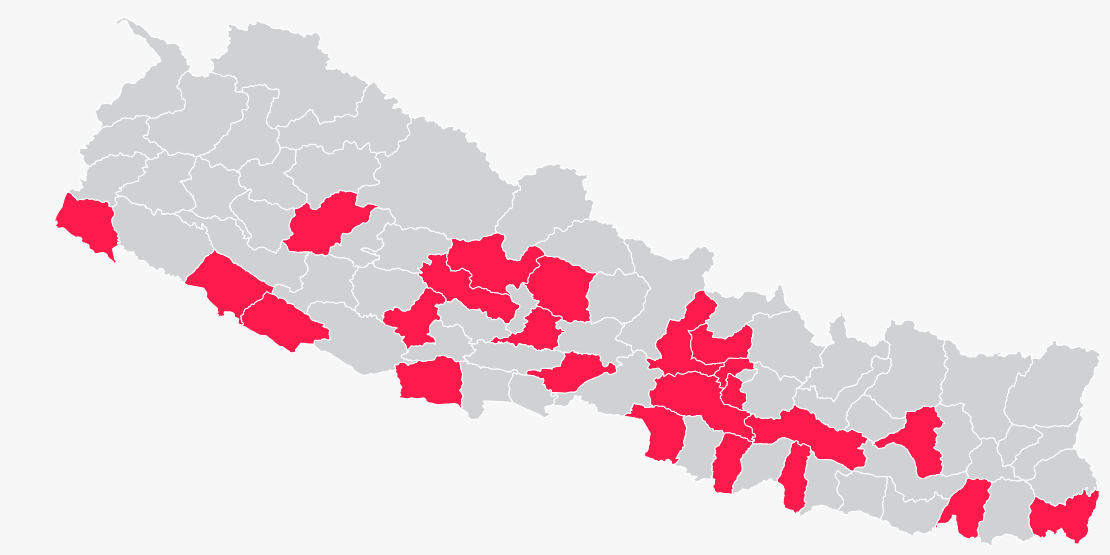 Red regions are the districts where Nyano Nani is successfully deployed (source: www.nicnepal.org).